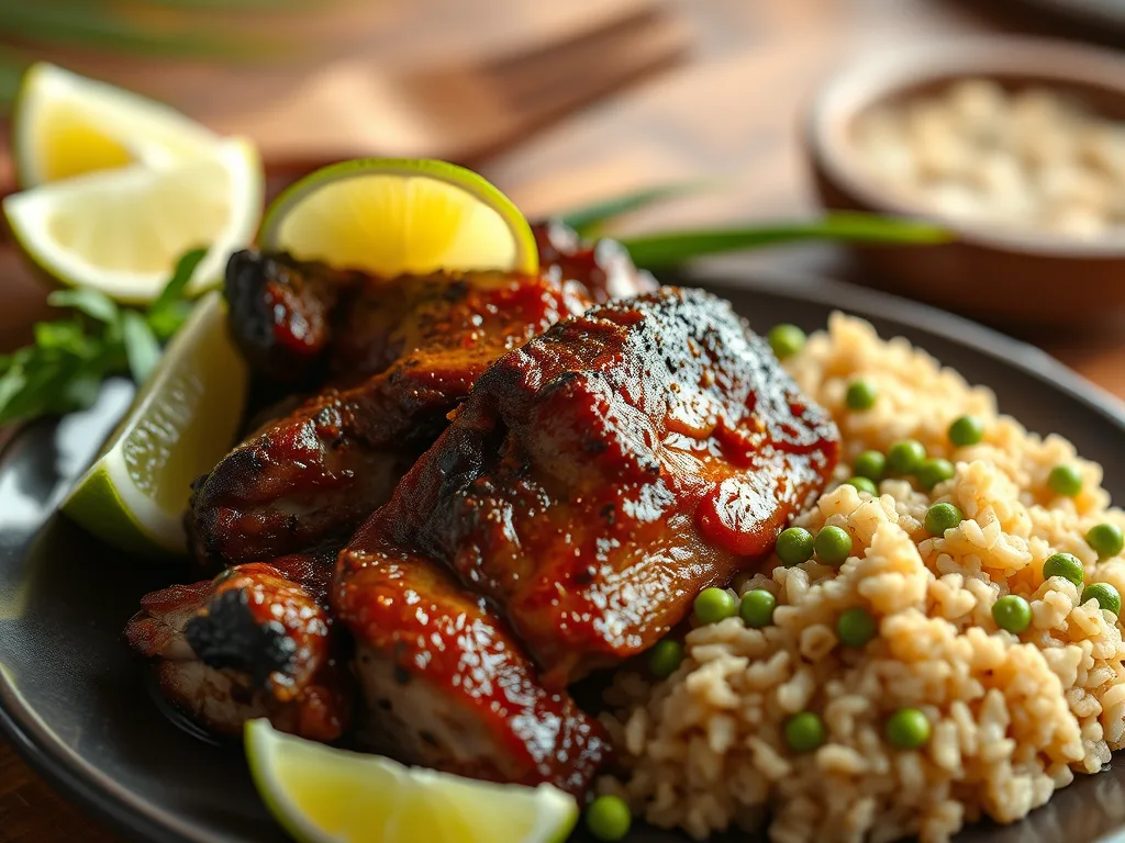 Jamaikanisches Jerk Pork mit Reis und Erbsen, karibisches Rezept