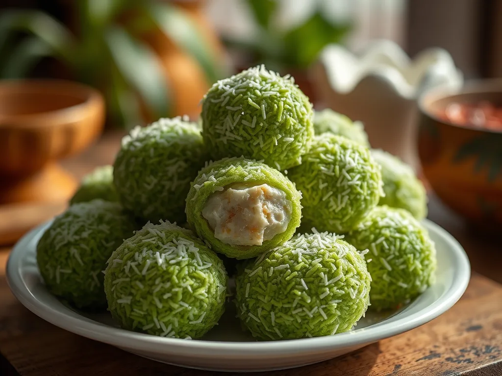 Bolas de arroz dulce Ondeh Ondeh de Singapur rellenas de azúcar de palma