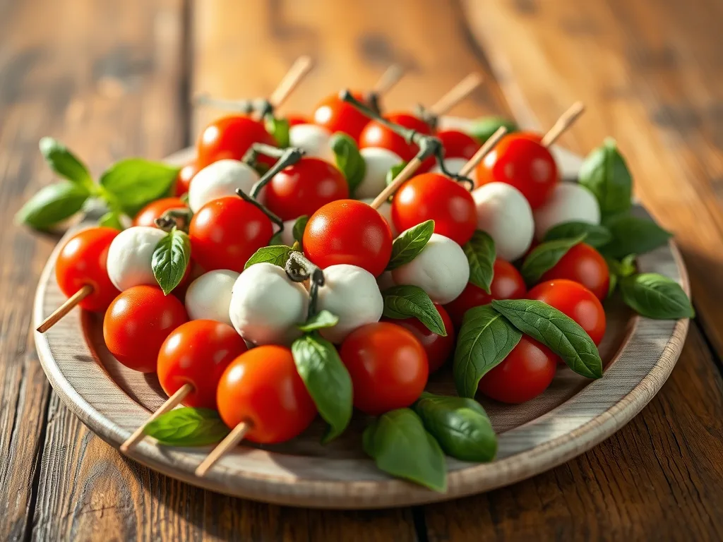 Italian Caprese Salad Skewers Appetizer Recipe with Fresh Mozzarella