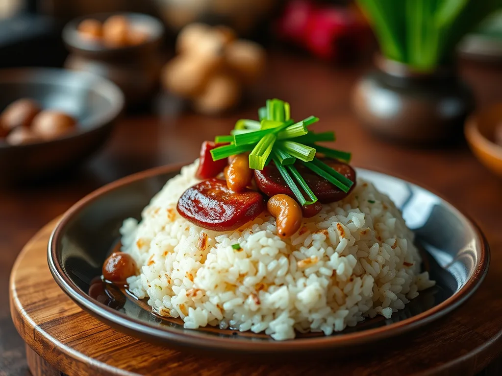 Arroz pegajoso chino relleno de una receta festiva de salchichas y castañas