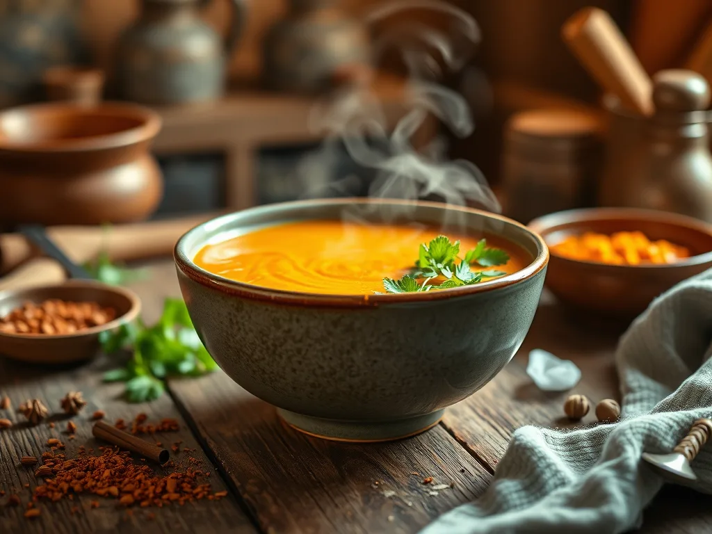 Rezept für eine Suppe mit gewürztem Butternusskürbis und roten Linsen